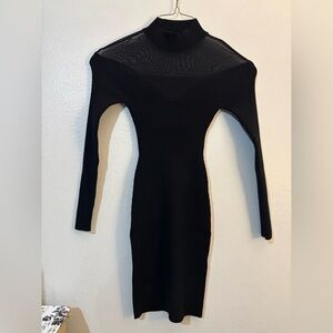 Black Long Sleeve Ribbed Bodycon Dress with Sheer Yoke
